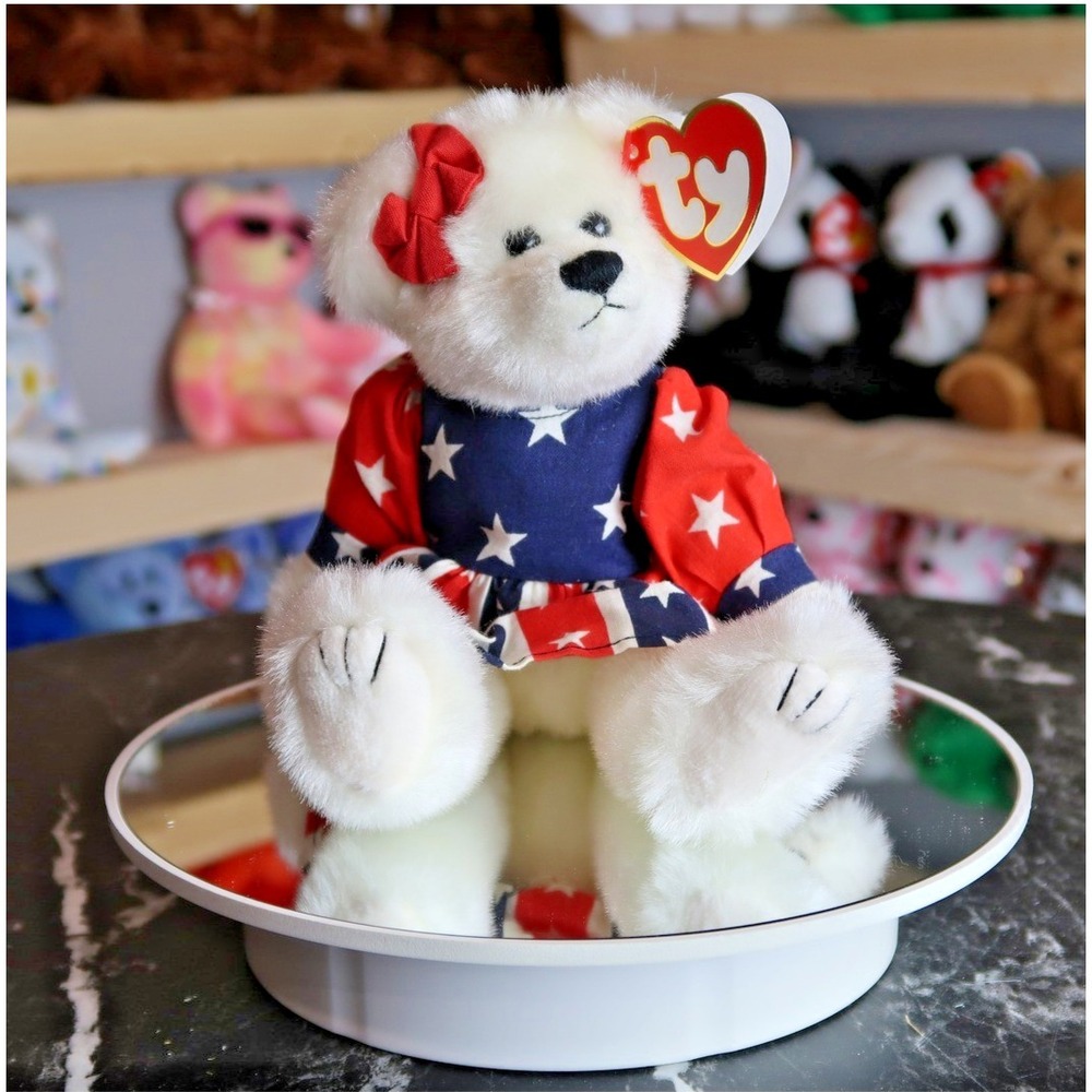 Ty Attic Treasures Franny Bear White Plush Patriotic Star Dress 6229 USA Tag